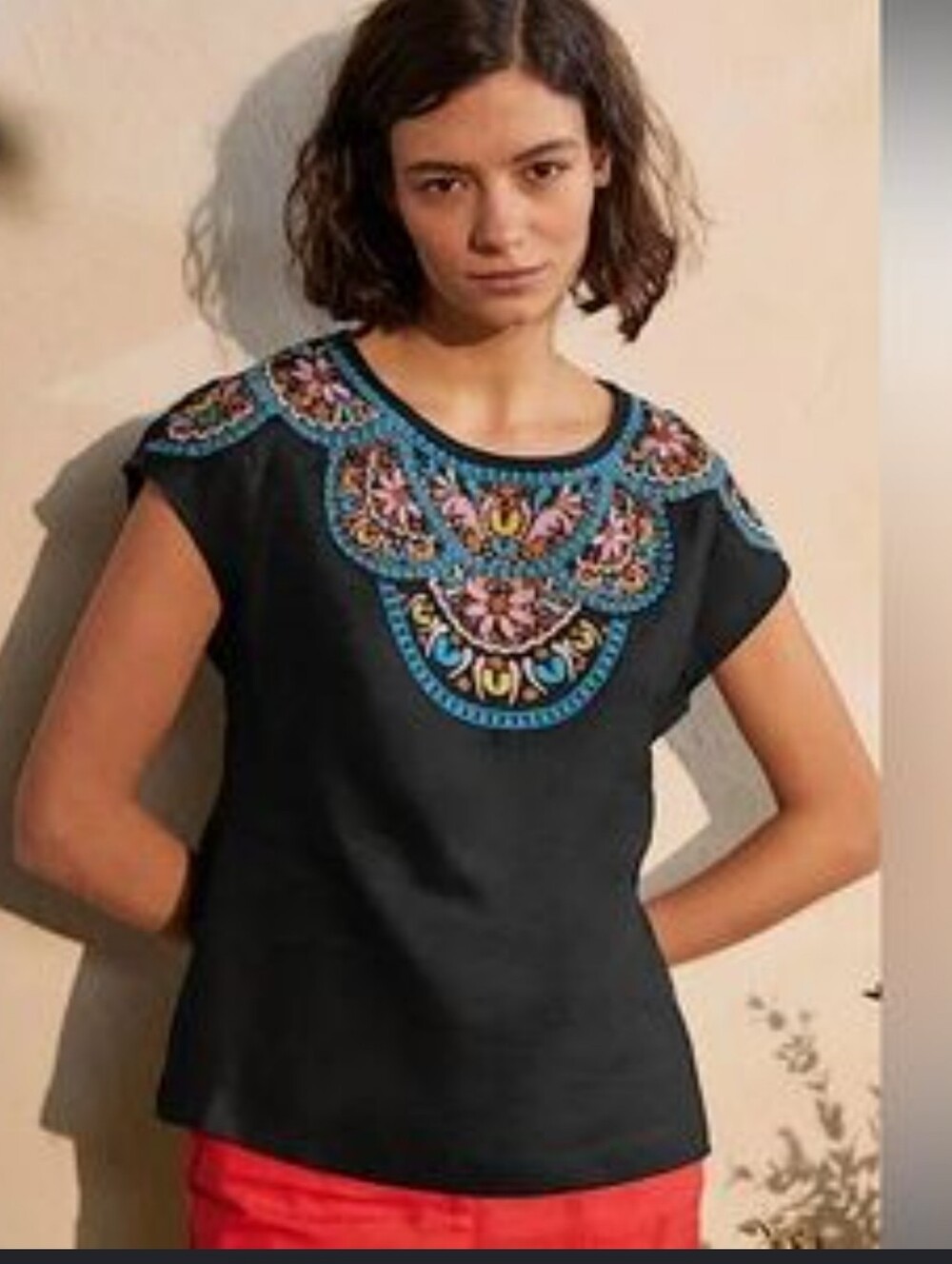 BODEN Linen Embroidered Short Sleeve Top - Black Multi - 8